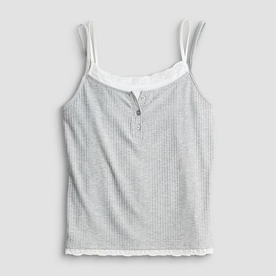 Juniors' Pink Republic Ribbed Lace Trim Twofer Camisole