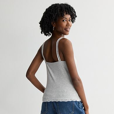 Juniors' Pink Republic Ribbed Lace Trim Twofer Camisole