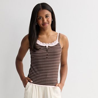 Juniors' Pink Republic Ribbed Lace Trim Twofer Tank Top