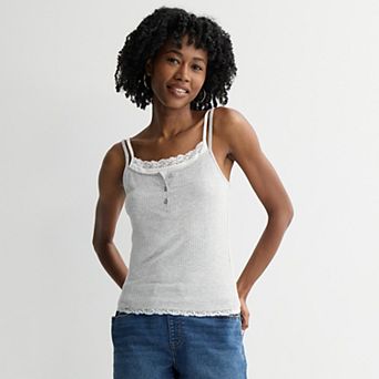 Juniors' Pink Republic Ribbed Lace Trim Twofer Camisole