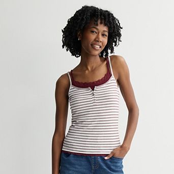 Juniors' Pink Republic Ribbed Lace Trim Twofer Camisole