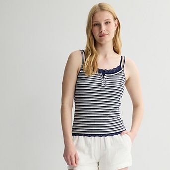 Juniors' Pink Republic Ribbed Lace Trim Twofer Tank Top