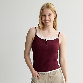 Juniors' Pink Republic Ribbed Lace Trim Twofer Tank Top