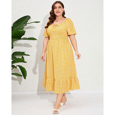 Womens Plus Size Square Neck Floral Print Ruffle Short Sleeve Tie Front Slit Hem Boho Dress