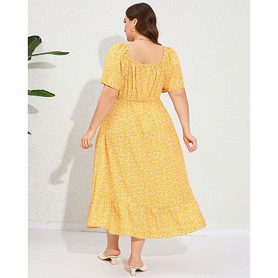 Womens Plus Size Square Neck Floral Print Ruffle Short Sleeve Tie Front Slit Hem Boho Dress