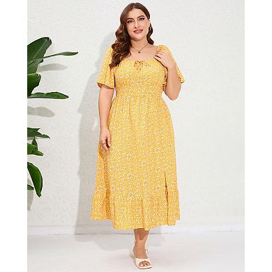Womens Plus Size Square Neck Floral Print Ruffle Short Sleeve Tie Front Slit Hem Boho Dress