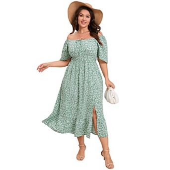 Womens Plus Size Square Neck Floral Print Ruffle Short Sleeve Tie Front Slit Hem Boho Dress