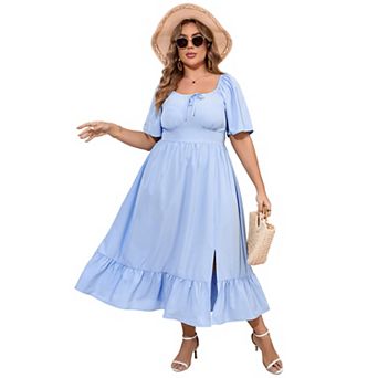 Womens Plus Size Square Neck Floral Print Ruffle Short Sleeve Tie Front Slit Hem Boho Dress