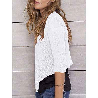 Womens 3/4 Sleeve Cropped Cardigan Tie Front Wrap Tops Knit Shrugs Solid Cardigans Sweaters