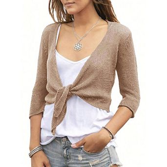 Womens 3/4 Sleeve Cropped Cardigan Tie Front Wrap Tops Knit Shrugs Solid Cardigans Sweaters