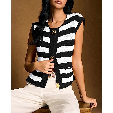 Women's Striped Knitted Vest Sleeveless Vest Button Down Cropped Waffle Knit Sweater