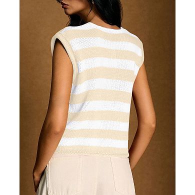 Women's Striped Knitted Vest Sleeveless Vest Button Down Cropped Waffle Knit Sweater