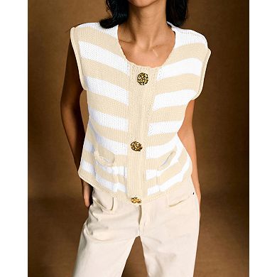 Women's Striped Knitted Vest Sleeveless Vest Button Down Cropped Waffle Knit Sweater