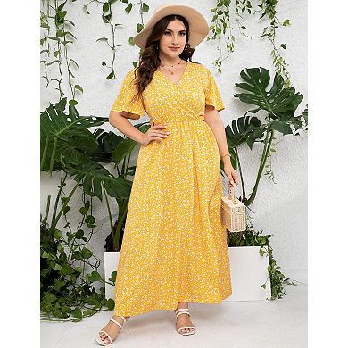 Women's Plus Size Wrap Maxi Dress Short Sleeves Empire Waist Side Split Casual Dress