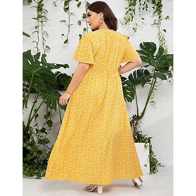 Women's Plus Size Wrap Maxi Dress Short Sleeves Empire Waist Side Split Casual Dress