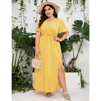 Women's Plus Size Wrap Maxi Dress Short Sleeves Empire Waist Side Split Casual Dress