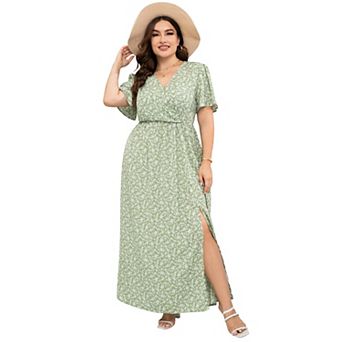Women's Plus Size Wrap Maxi Dress Short Sleeves Empire Waist Side Split Casual Dress
