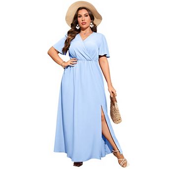 Women's Plus Size Wrap Maxi Dress Short Sleeves Empire Waist Side Split Casual Dress