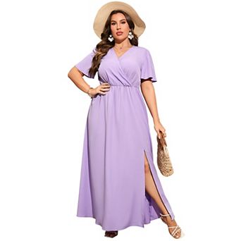 Women's Plus Size Wrap Maxi Dress Short Sleeves Empire Waist Side Split Casual Dress