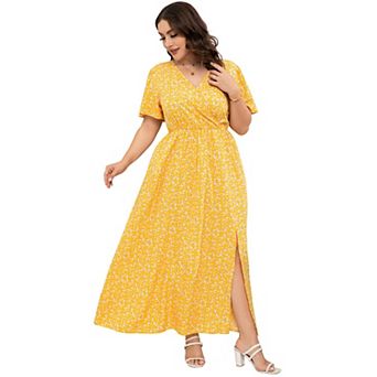 Women's Plus Size Wrap Maxi Dress Short Sleeves Empire Waist Side Split Casual Dress