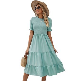 Women's Puff Short Sleeve Smocked Midi Dress Casual Elastic Waist Tiered A Line