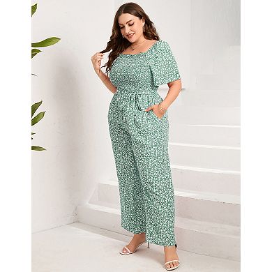 Women's Plus Size Square Neck Wide Leg Jumpsuit Lightweight Summer Romper
