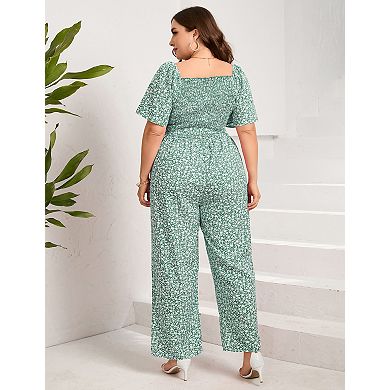 Women's Plus Size Square Neck Wide Leg Jumpsuit Lightweight Summer Romper