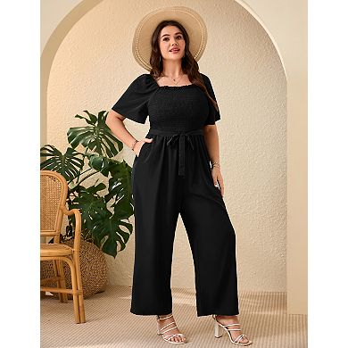 Women's Plus Size Square Neck Wide Leg Jumpsuit Lightweight Summer Romper