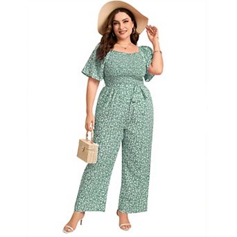 Women's Plus Size Square Neck Wide Leg Jumpsuit Lightweight Summer Romper