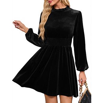 Women's Velvet Dresses Smocked Waistline Long Sleeve Wedding Guest Dress