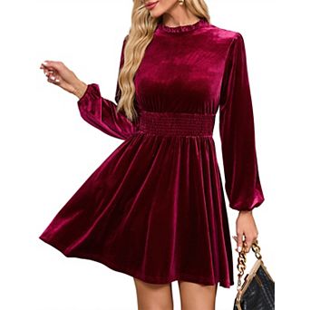 Women's Velvet Dresses Smocked Waistline Long Sleeve Wedding Guest Dress