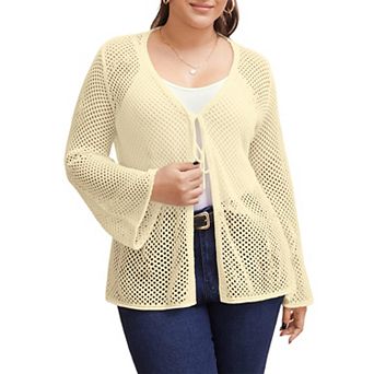 Women's Plus Size Tie Front Crochet Hollow Out Cardigan Lightweight Long Sleeve Knit Sweater Top
