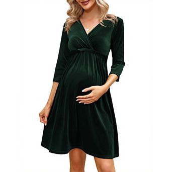 Womens Wrap V Neck Velvet Maternity Midi Dress 3/4 Sleeve Tie Waist Elegant A Line Pregnant Dresses