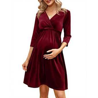Womens Wrap V Neck Velvet Maternity Midi Dress 3/4 Sleeve Tie Waist Elegant A Line Pregnant Dresses