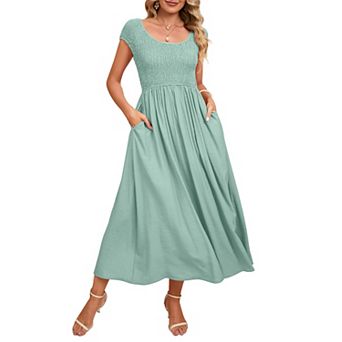 Women's Summer Maxi Dress with Pockets High Waist Short Sleeve Casual Round Neck