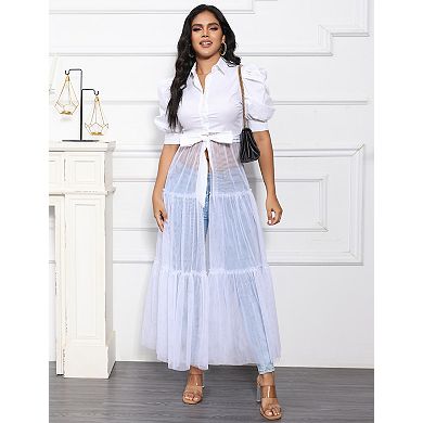 Women's Lapel Shirt Dresses Mesh Puff Short Sleeve Flowy Swing Dress