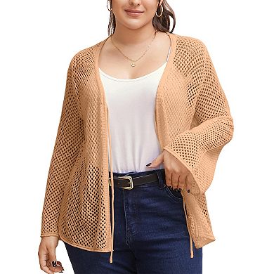Women's Plus Size Tie Front Crochet Hollow Out Cardigan Lightweight Long Sleeve Knit Sweater Top
