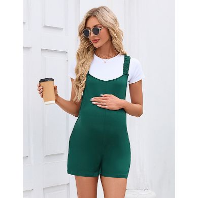 Womens Wide Elastic Strap Maternity Nursing Romper Casual Solid Summer Overall Short Jumpsuits