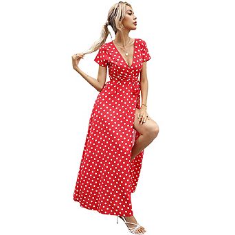 Women's Polka Dots V Neck Flutter Short Sleeve A Line Flowy Dress