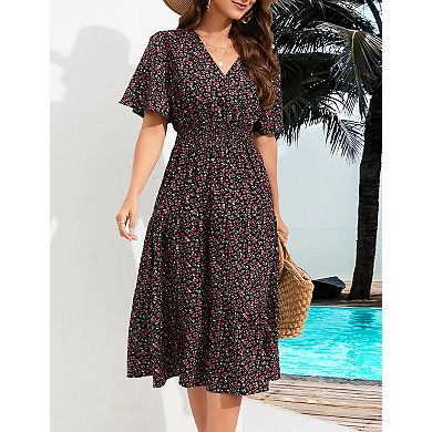 Women's Summer Dress V Neck Casual A Line Tiered Work Knee Length Dresses