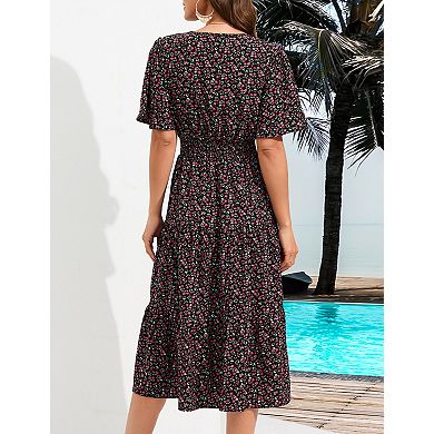 Women's Summer Dress V Neck Casual A Line Tiered Work Knee Length Dresses