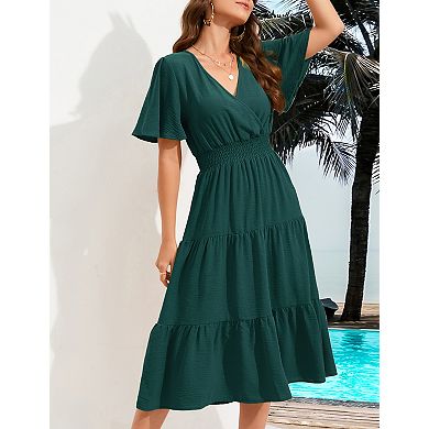 Women's Summer Dress V Neck Casual A Line Tiered Work Knee Length Dresses