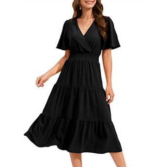 Women's Summer Dress V Neck Casual A Line Tiered Work Knee Length Dresses