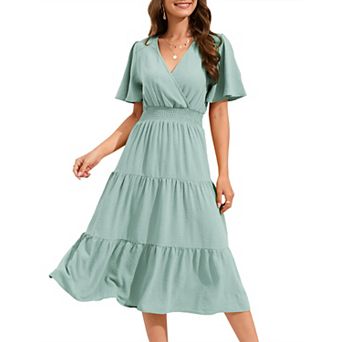 Women's Summer Dress V Neck Casual A Line Tiered Work Knee Length Dresses