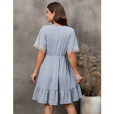 Women's V Neck Lace Trim Short Sleeve Dress