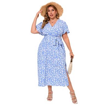 Women's Plus Size Short Sleeve Dress Wrap V Neck Floral Formal Long Dress with Belt