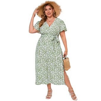Women's Plus Size Short Sleeve Dress Wrap V Neck Floral Formal Long Dress with Belt