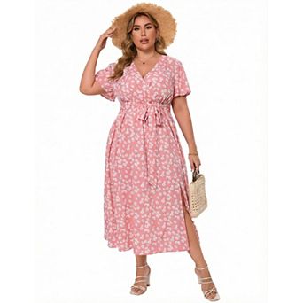 Women's Plus Size Short Sleeve Dress Wrap V Neck Floral Formal Long Dress with Belt