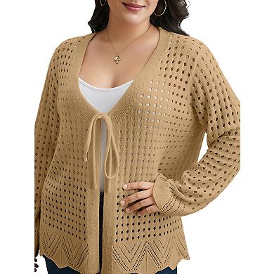 Women's Plus Size Tie Front Crochet Hollow Out Cardigan Lightweight Long Sleeve Knit Sweater Top