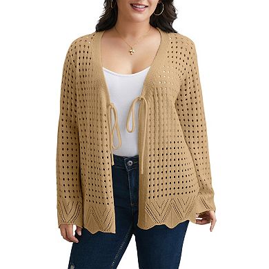Women's Plus Size Tie Front Crochet Hollow Out Cardigan Lightweight Long Sleeve Knit Sweater Top